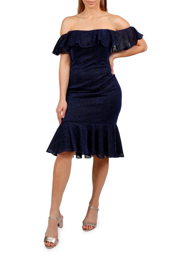 Блестящее коктейльное платье-футляр с открытыми плечами Rene Ruiz Collection, темно-синий