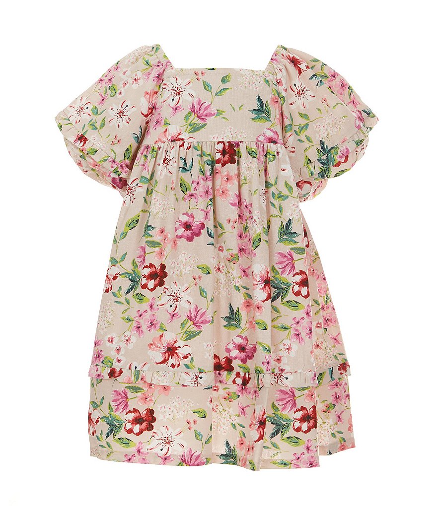 Платье Bonnie Jean из смесового льна для маленьких девочек 2T-6X с объемными рукавами и цветочным принтом, с завышенной талией, бежевый