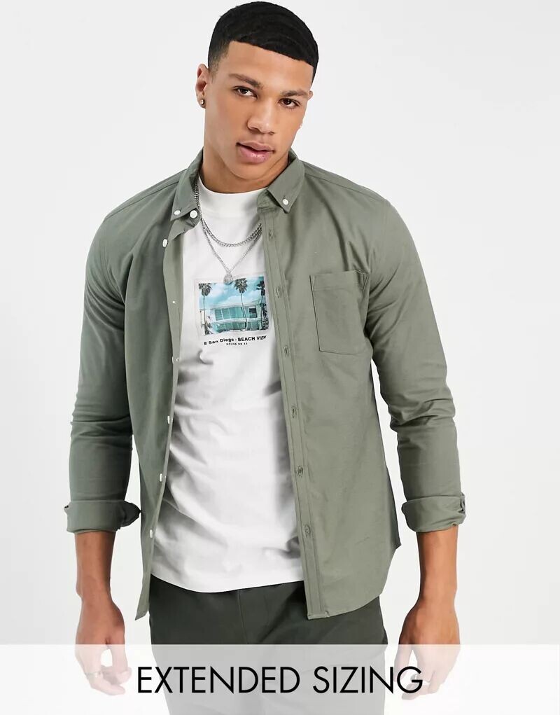 

Узкая оксфордская рубашка цвета хаки ASOS