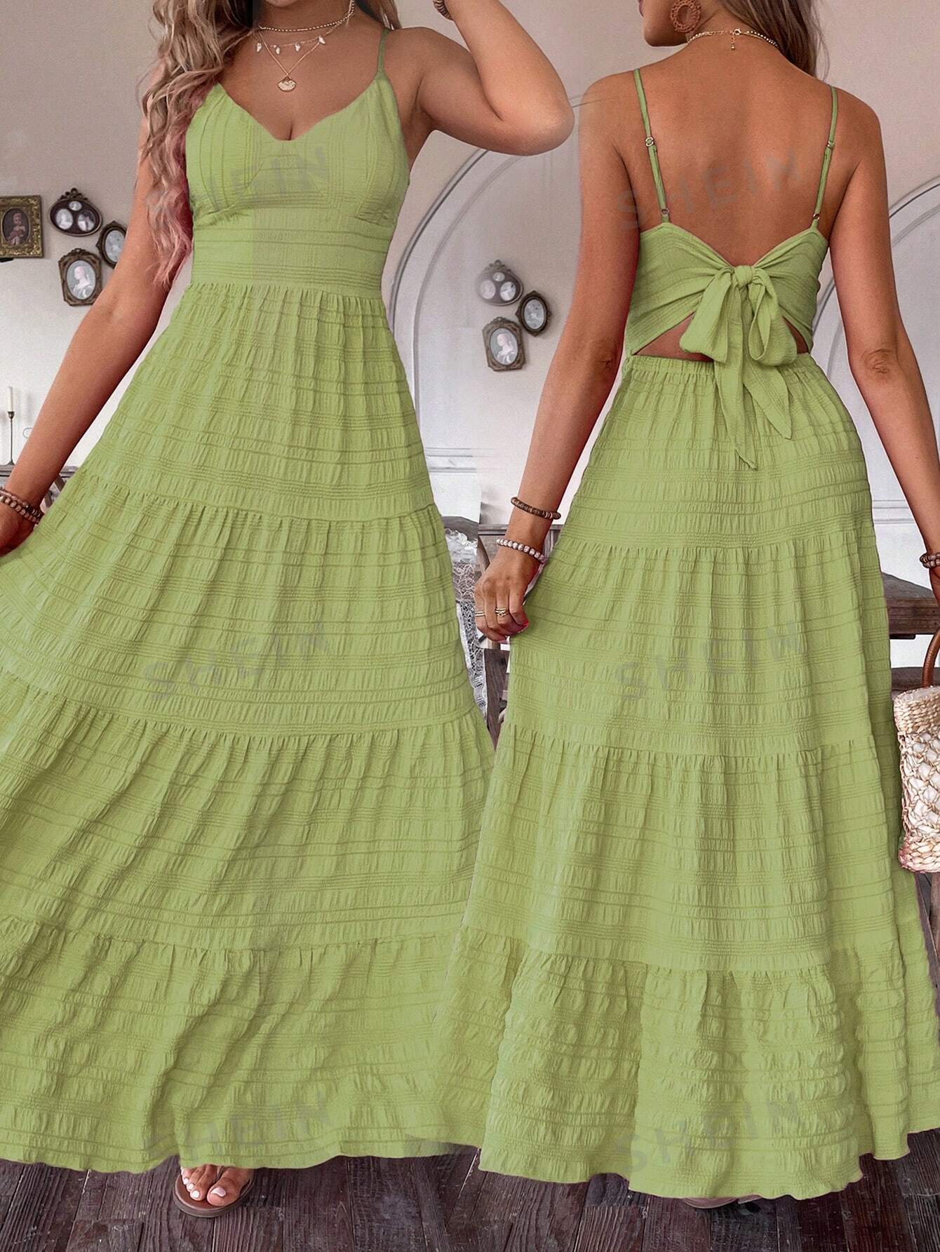 SHEIN Женское платье макси на тонких бретельках Frenchy с рюшами и подолом, зеленый