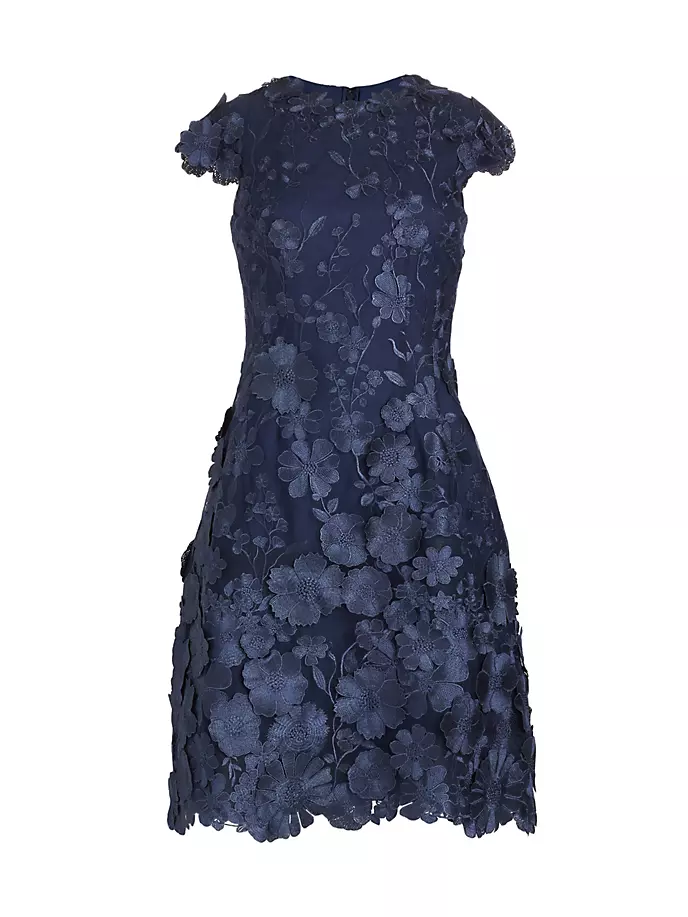 Коктейльное платье с цветочной аппликацией и короткими рукавами Teri Jon By Rickie Freeman, темно-синий коктейльное платье из крепа с рукавами тюльпанами teri jon by rickie freeman синий