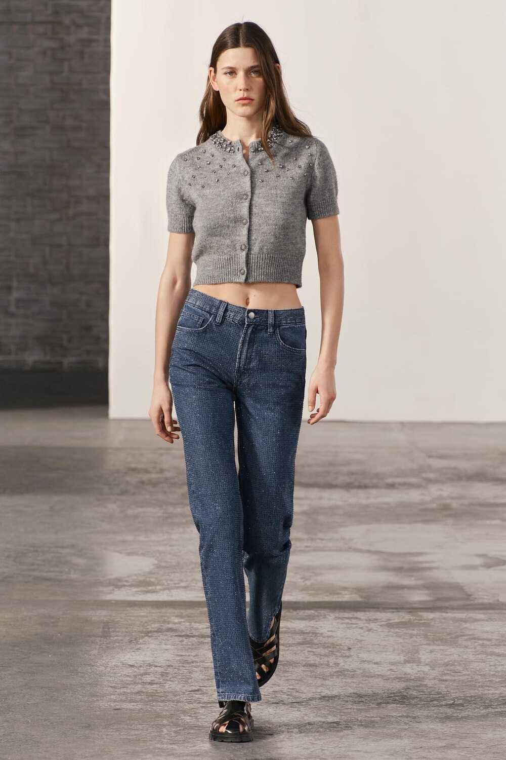 

Джинсы bootcut с высокой посадкой и стразами ZARA, синий