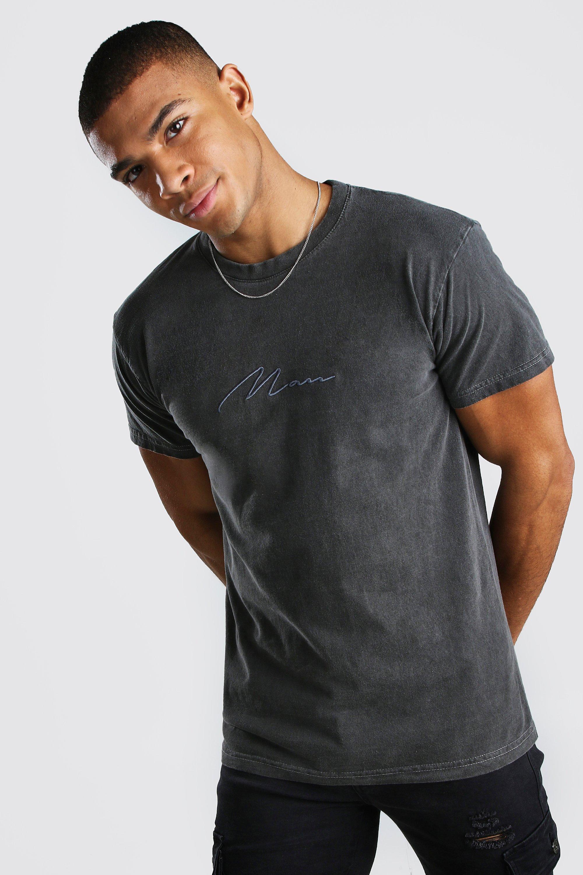 Мужская футболка с подписью передокрашенная Boohoo, угольный мужская футболка милый котик с подписью s серый меланж