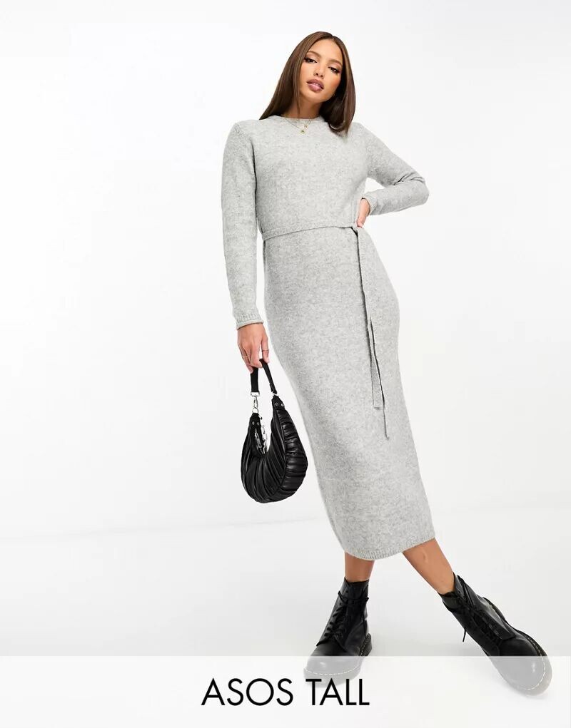 

Серое трикотажное платье миди с поясом ASOS DESIGN Tall