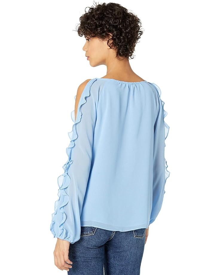 Блуза 1.STATE Cold Shoulder Ruffle Sleeve Blouse, цвет Oasis Blue chiffon off shoulder top summer women 2021 lady korean graceful puff sleeve ruffle shirts fashion polka dot blue pullover blouse