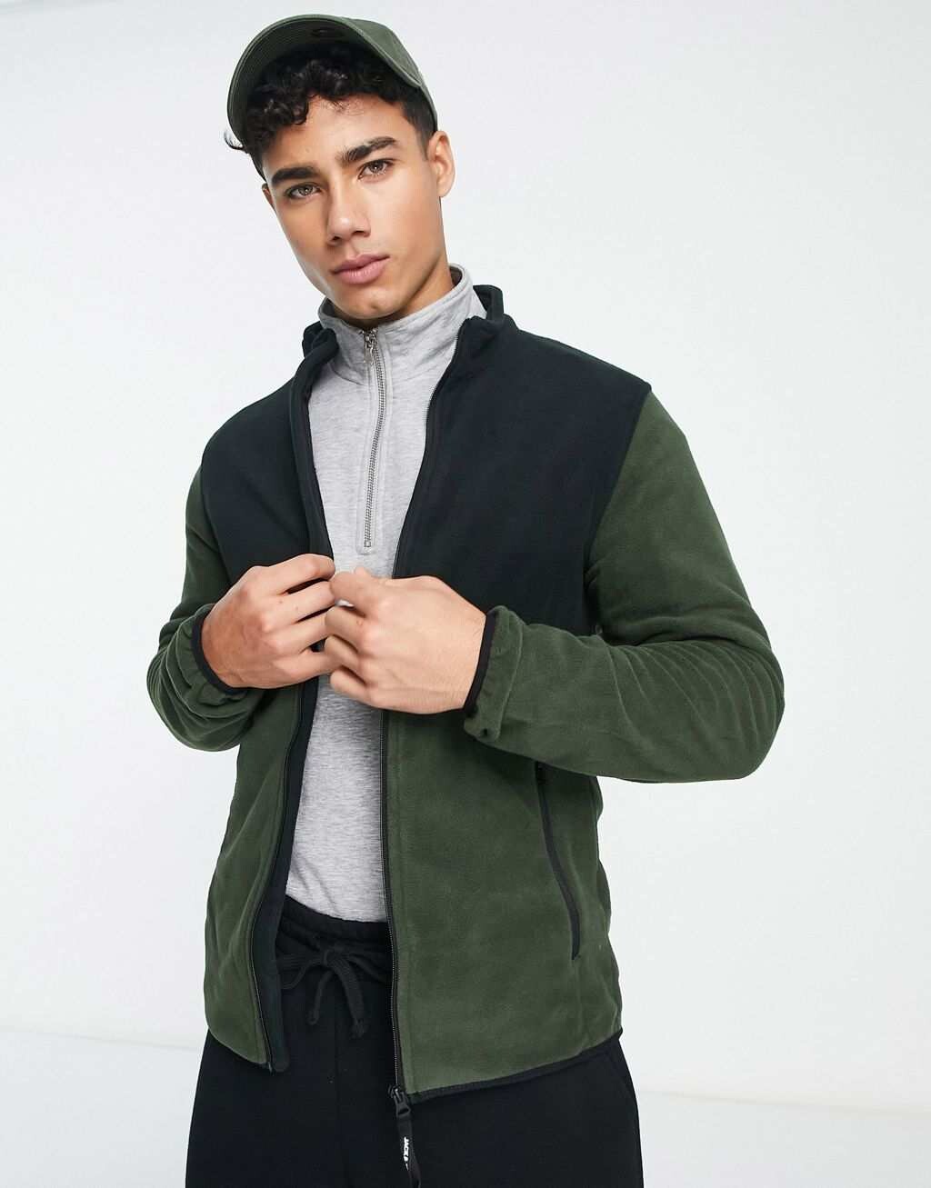 

Флисовый флис цвета хаки на молнии 1/4 с цветными блоками Jack & Jones Originals