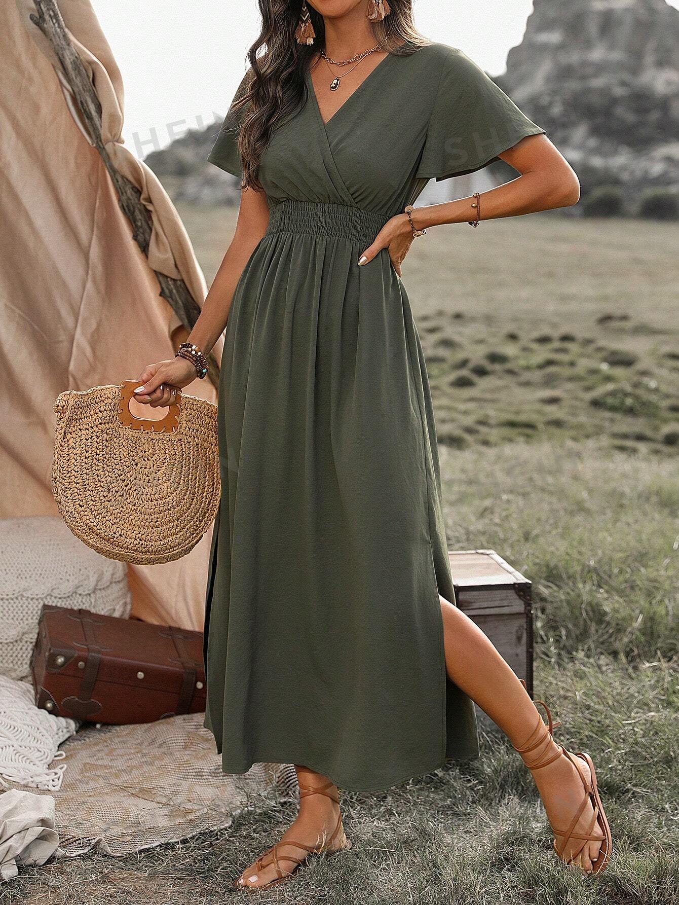 цена SHEIN VCAY Однотонное платье макси с V-образным вырезом и высоким разрезом по подолу, армейский зеленый