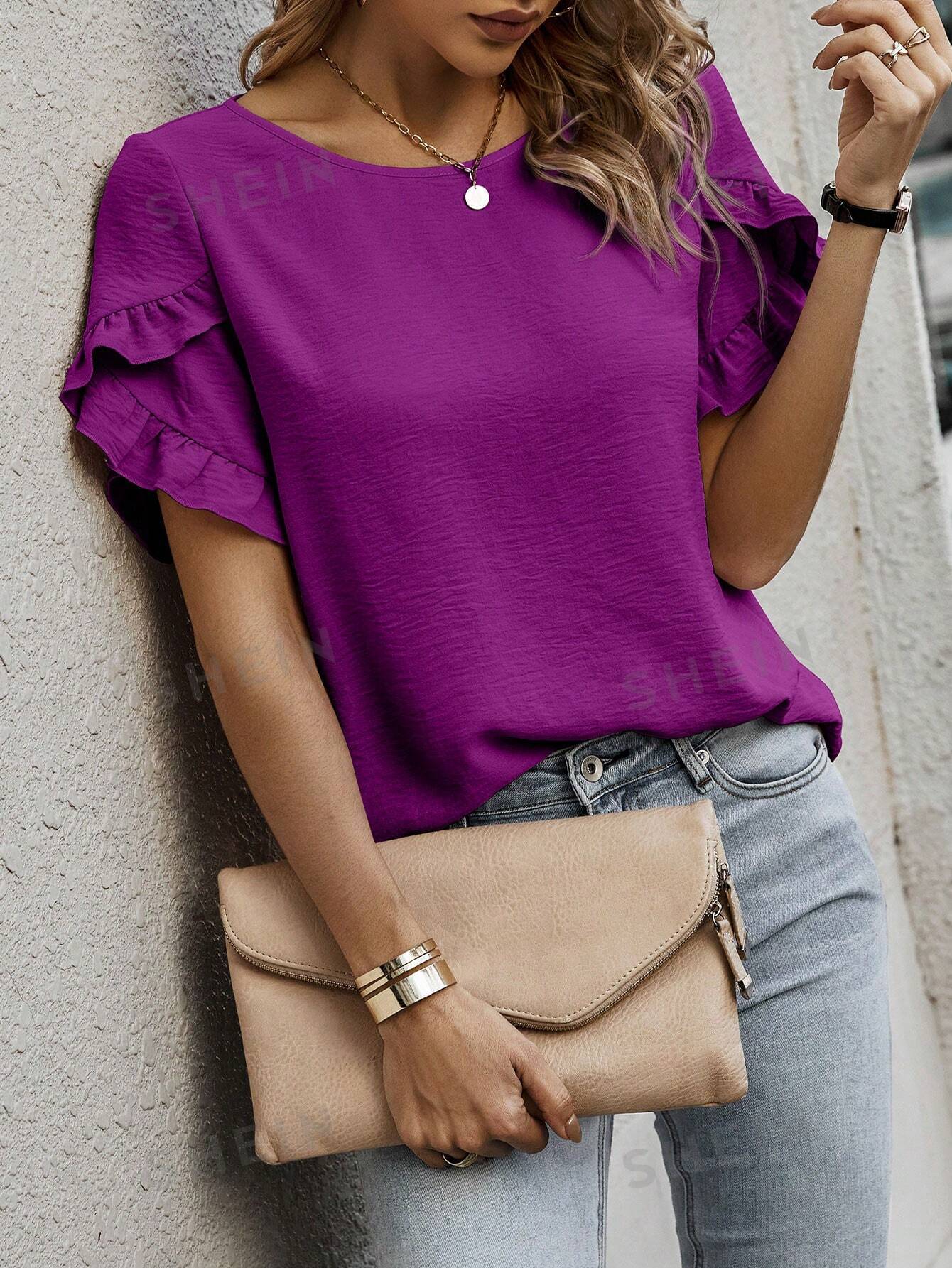 цена SHEIN LUNE Женская блузка с короткими рукавами и лепестками в горошек, фиолетовый
