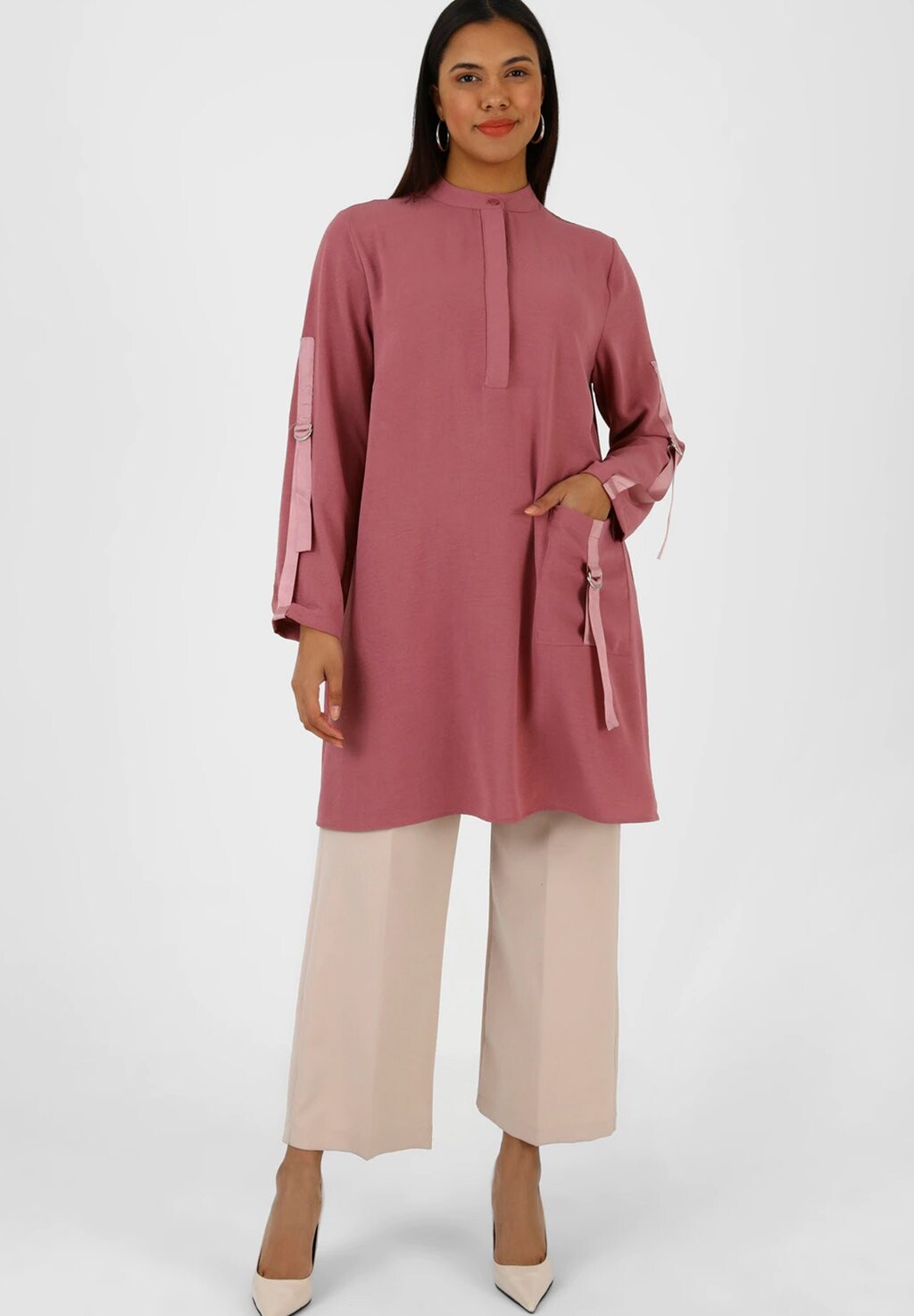 

Туника BUTTON COLLAR-PLUS SIZE TUNIC-ALIA Modanisa, розовый