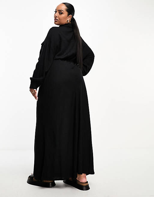 

Черное льняное платье-рубашка макси с поясом ASOS DESIGN Curve