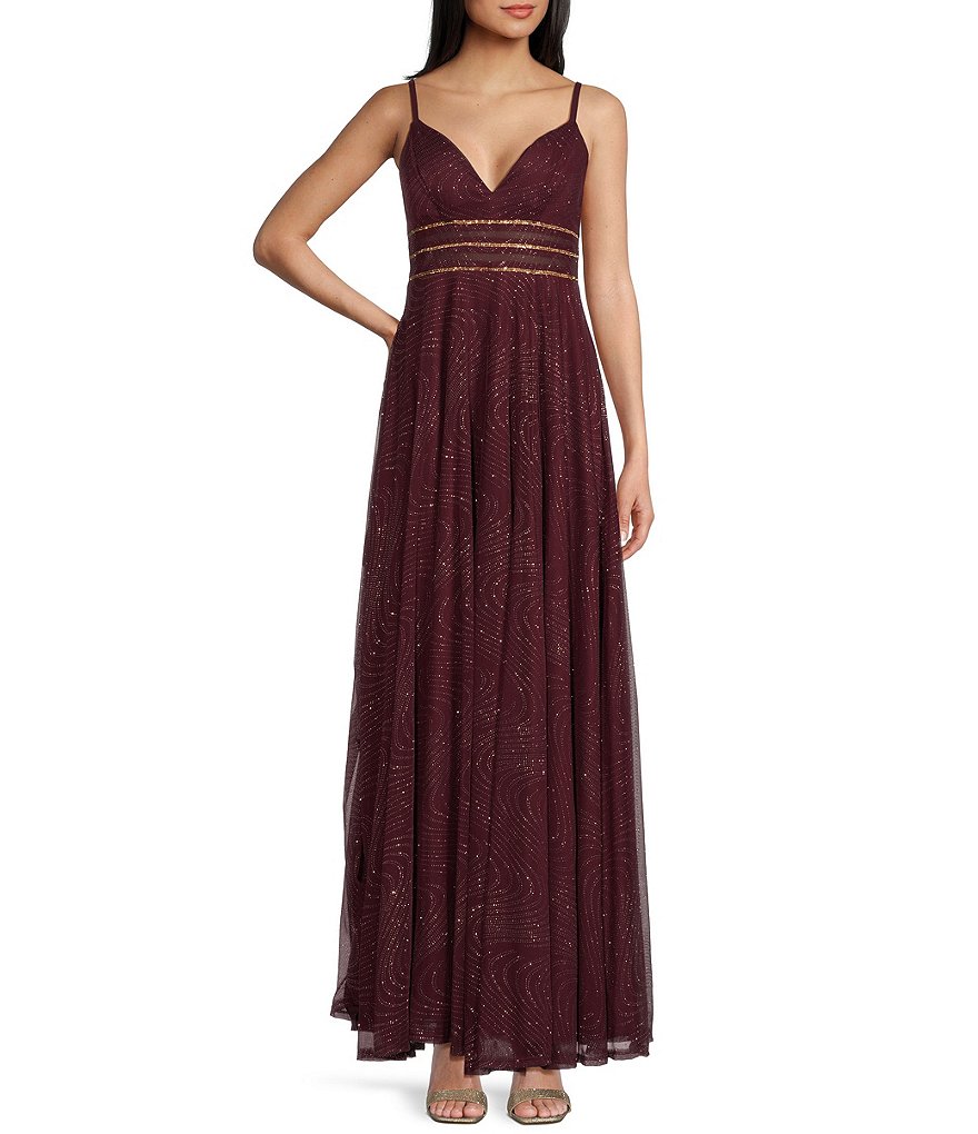 Xtraordinary Длинное платье из блестящей сетки с V-образным вырезом на тонких бретельках и иллюзией талии, розовый