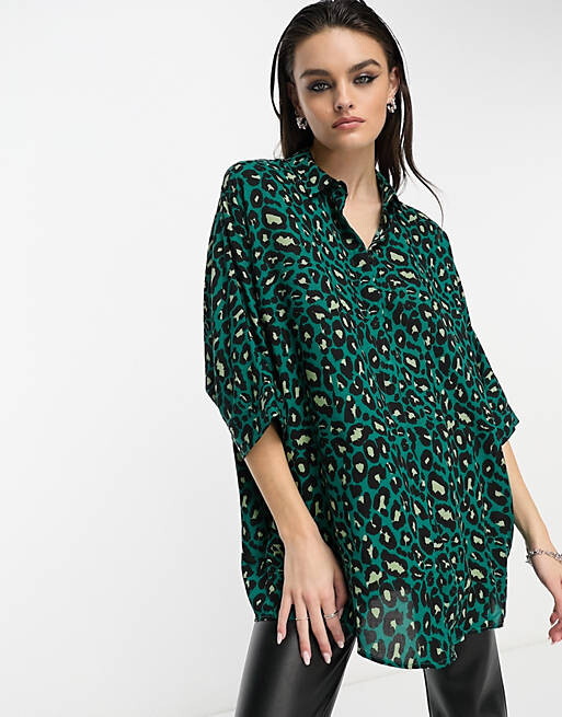 

Бирюзовая рубашка с длинными рукавами ASOS DESIGN с леопардовым принтом