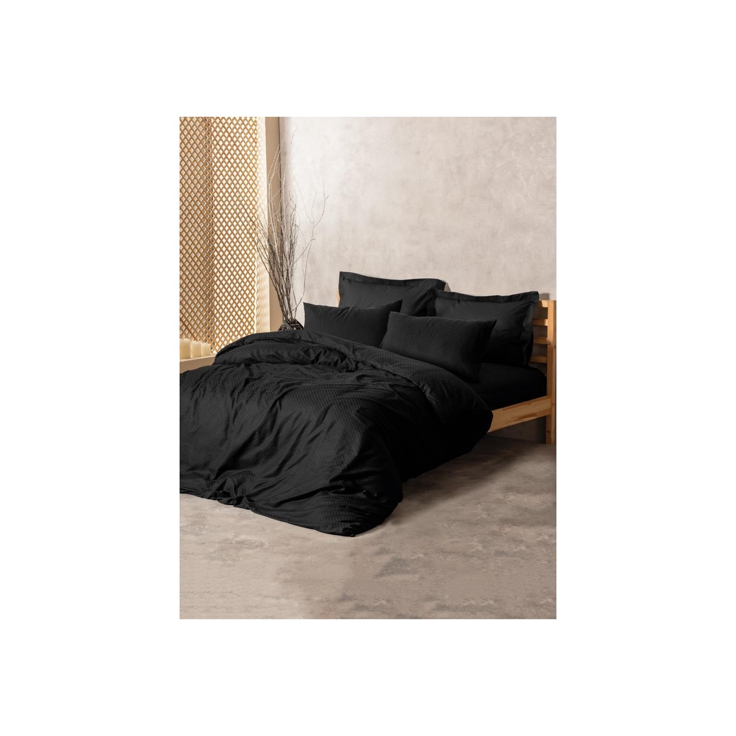 комплект постельного белья karaca home josef серый атласный комплект в полоску с двойным пододеяльником Комплект постельного белья с двойным пододеяльником в однотонную клетку, черный