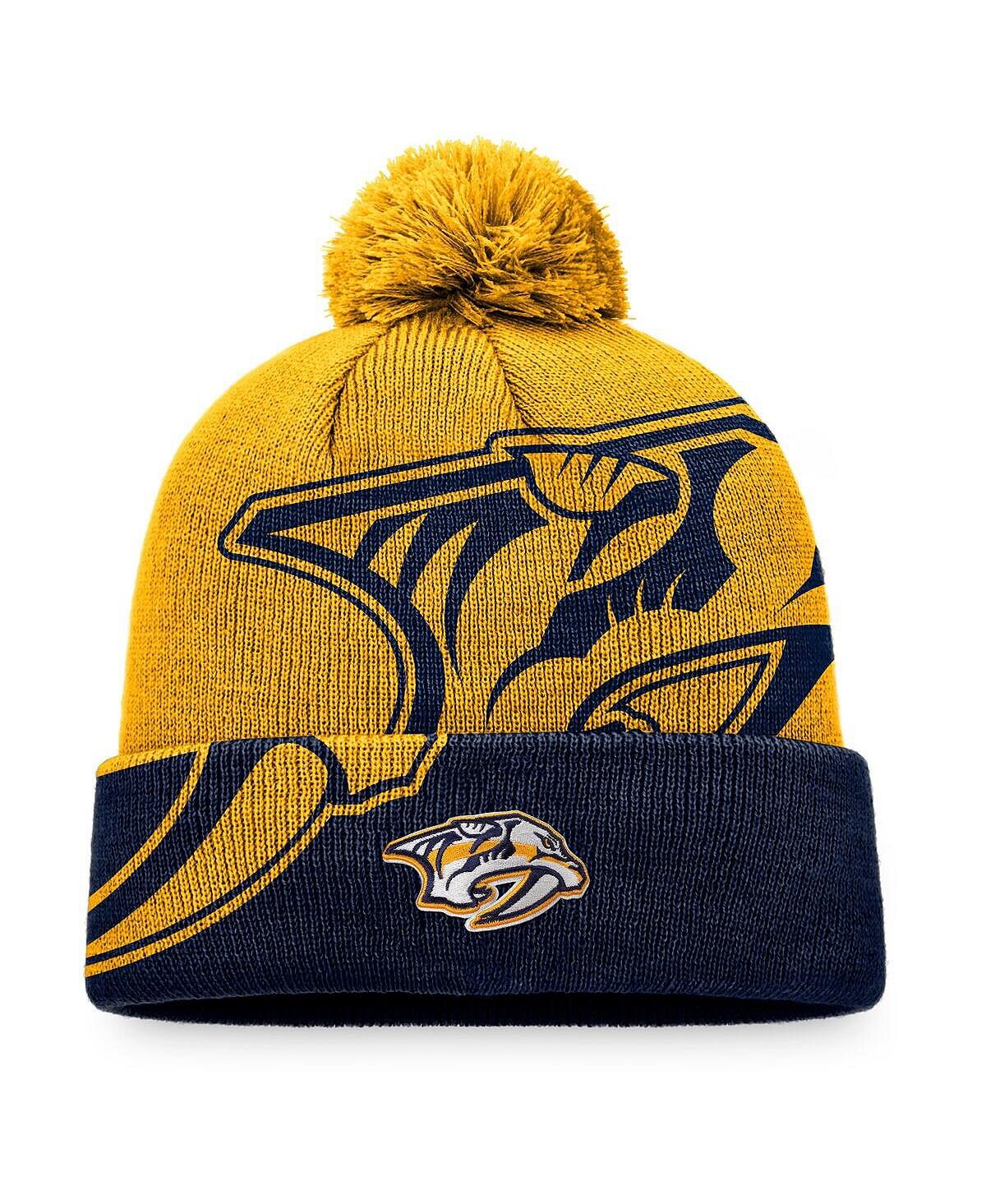 

Мужская золотисто-темно-синяя вязаная шапка с манжетами и помпоном Nashville Predators Block Party Fanatics
