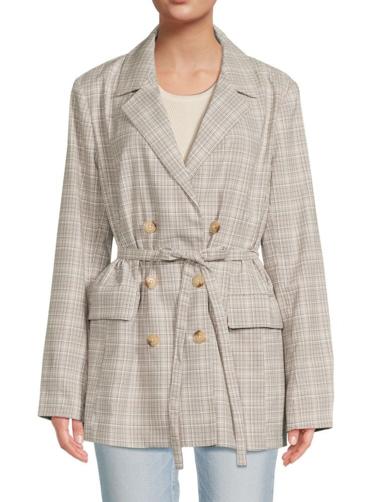 

Клетчатый двубортный пиджак Olivia с поясом Free People, цвет Beige Multi