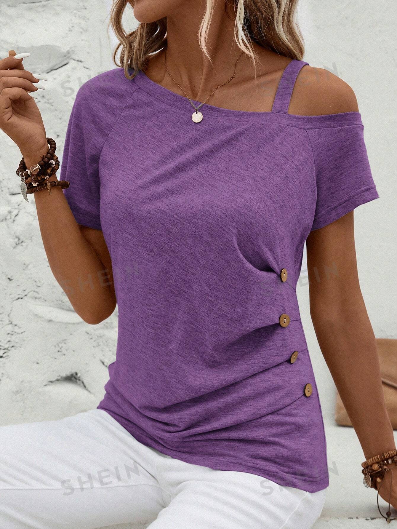 SHEIN Clasi Асимметричная футболка с воротником и пуговицами, фиолетовый фиолетовый
