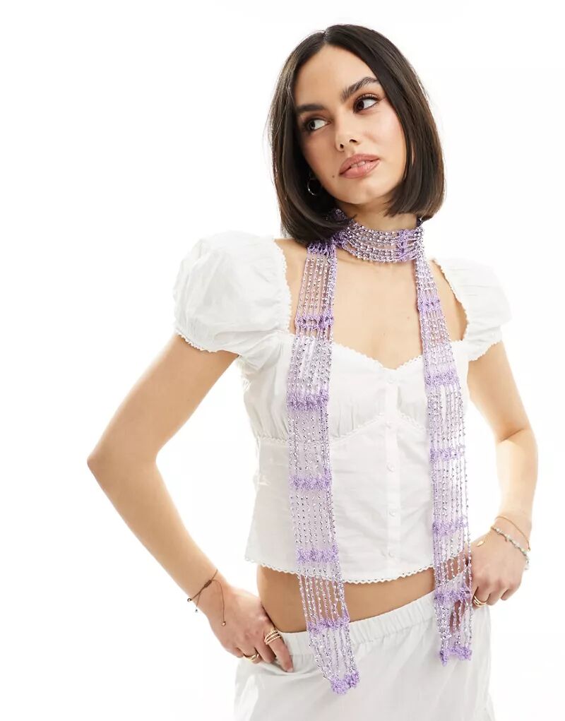 Фиолетовый узкий шарф крючком с бисером My Accessories