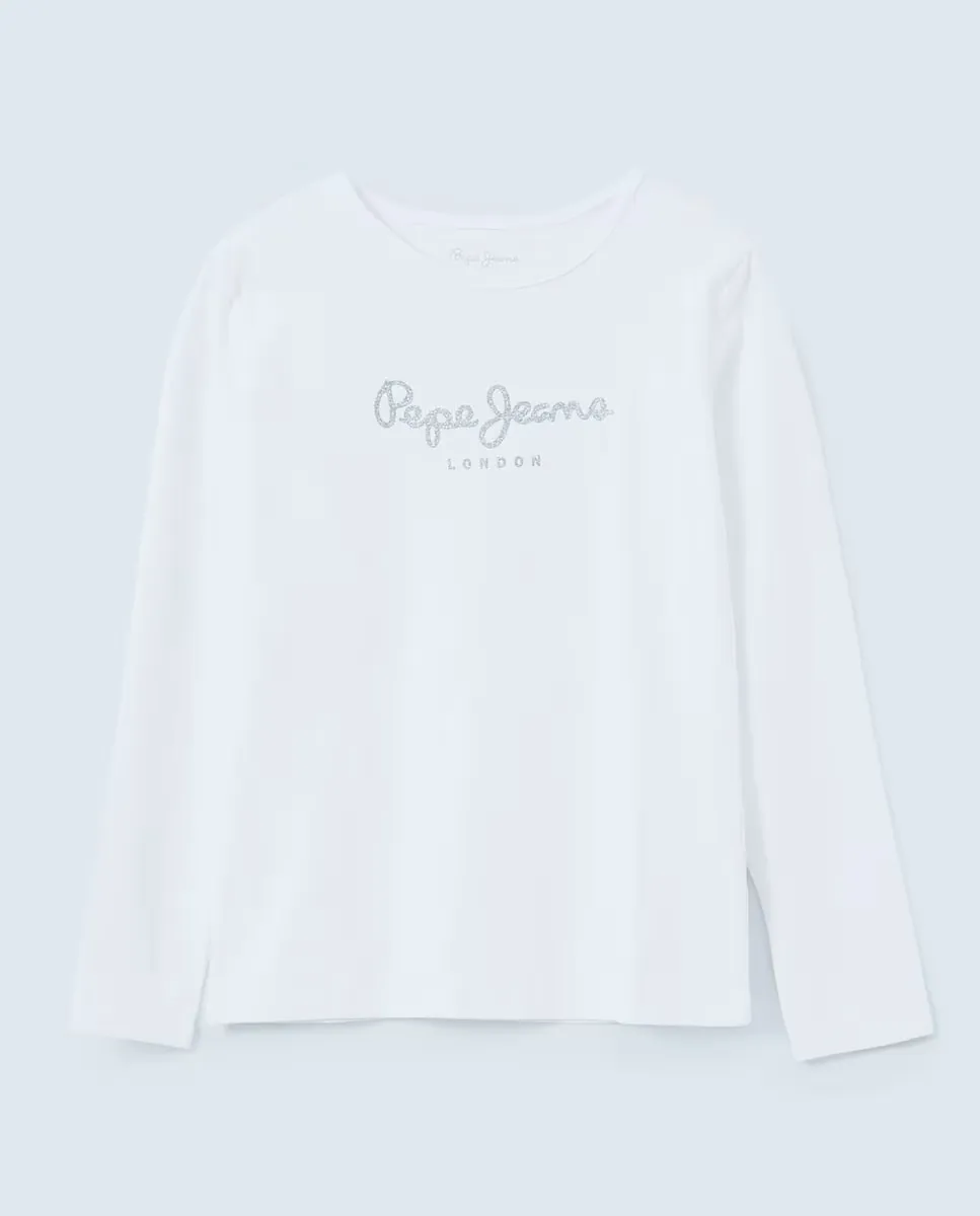 

Футболка для девочки с длинными рукавами и блестящим логотипом Pepe Jeans, белый