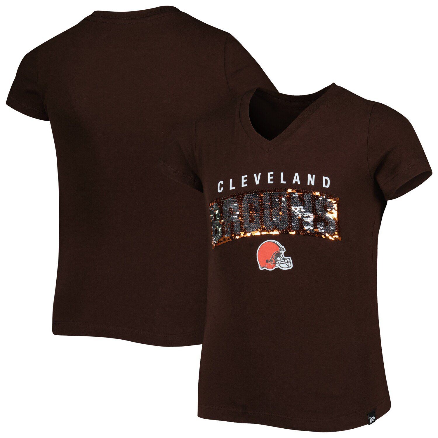

Молодежная футболка New Era Brown Cleveland Browns с обратными пайетками и надписью с v-образным вырезом New Era