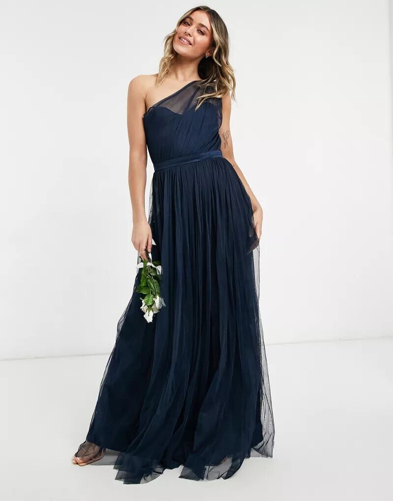 

Темно-синее платье макси на одно плечо из тюля Anaya With Love Bridesmaid