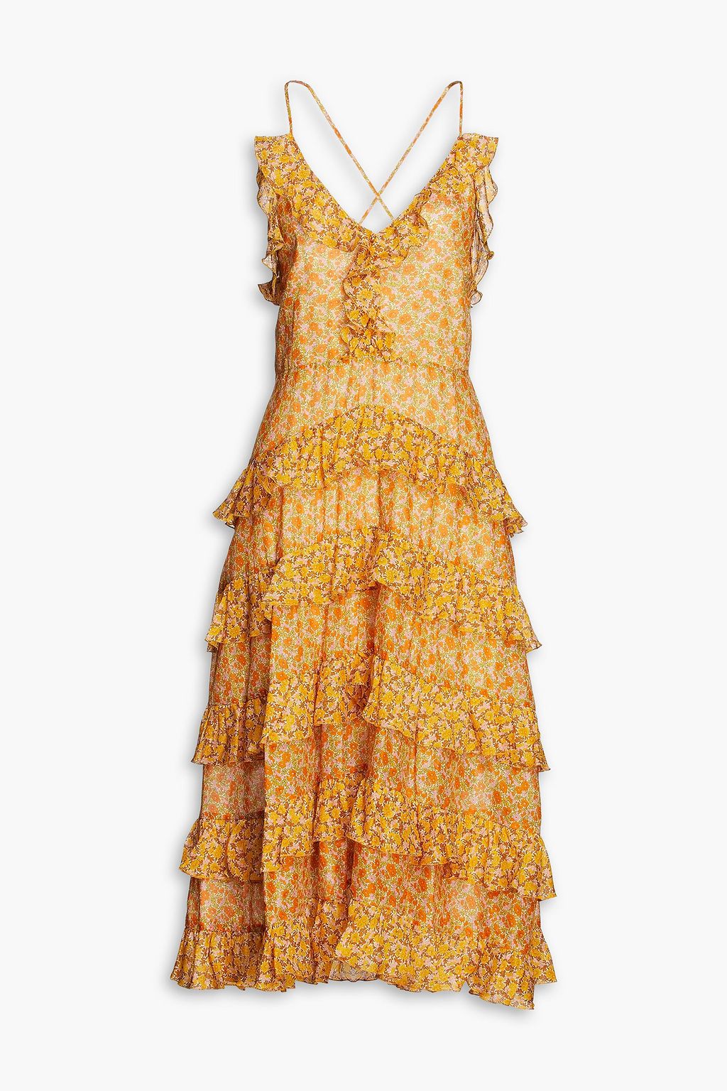 цена Платье миди из хлопкового поплина с оборками и цветочным принтом MAJE, оранжевый