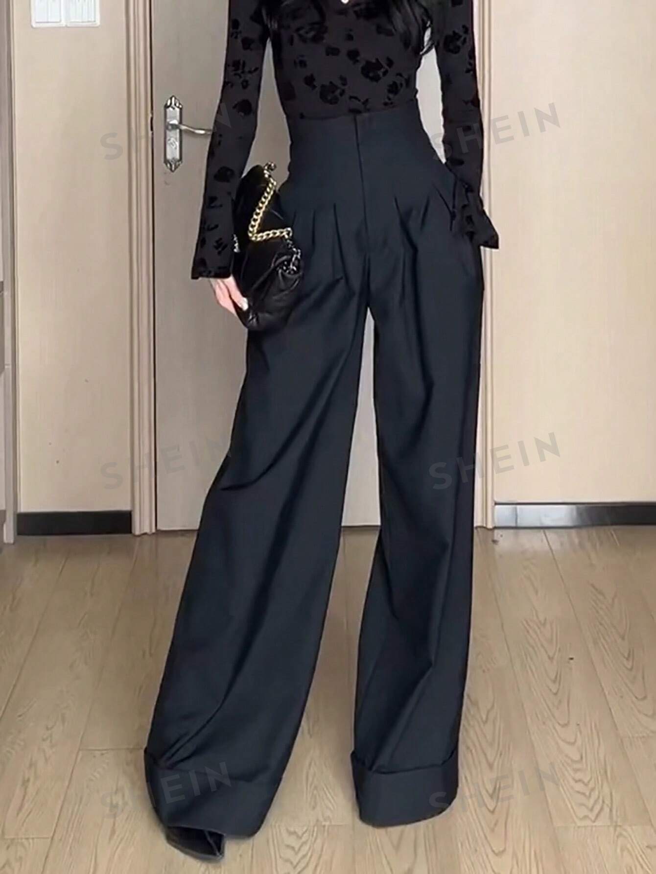 SHEIN Privé Однотонные плиссированные широкие брюки с высокой талией и косыми карманами, черный женские повседневные плиссированные широкие брюки с высокой талией новинка 2022 деловые офисные брюки длинные прямые костюмные брюки