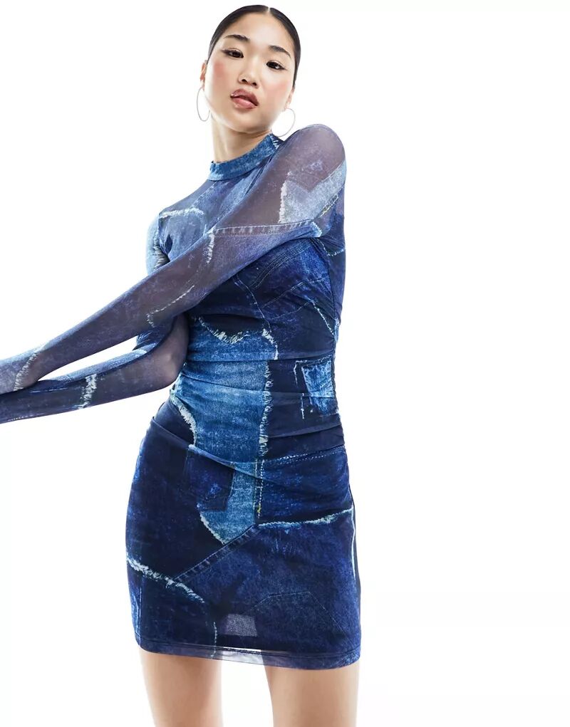 Мини-платье из сетчатой ​​ткани с длинными рукавами и джинсовым принтом в стиле пэчворк Edited