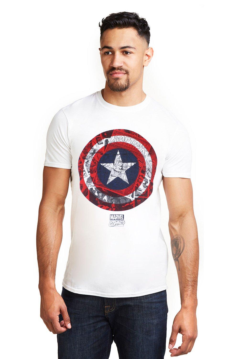 цена Хлопковая футболка с изображением Капитана Америки и щитом комиксов Marvel, белый
