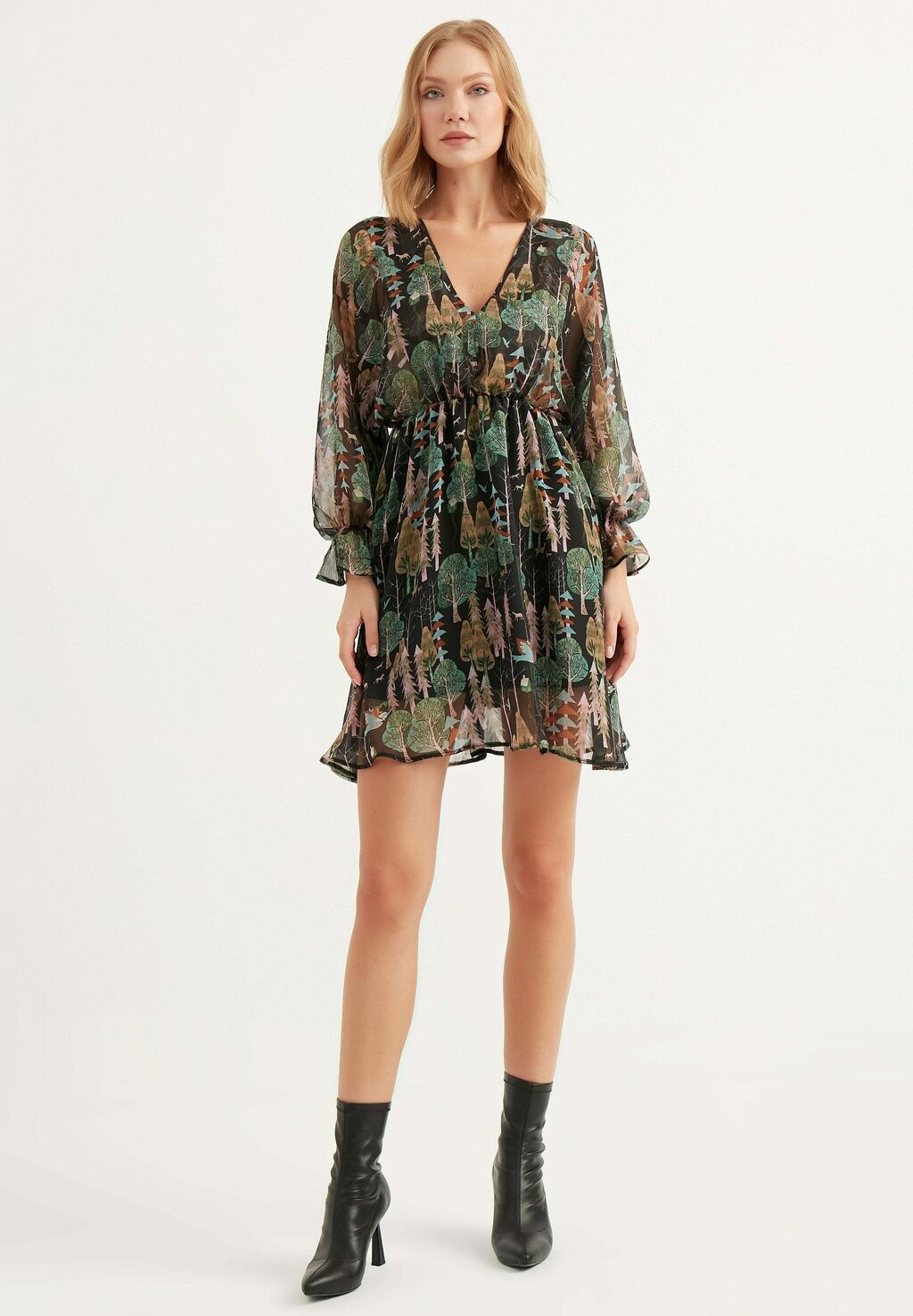 

Летнее платье Balloon Sleeve V Neck Herita, черный