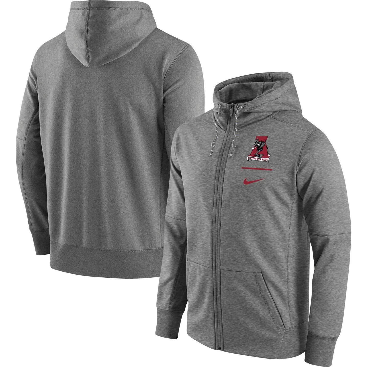 

Мужская толстовка на молнии во всю длину с капюшоном серого цвета Alabama Crimson Tide Throwback Primary Logo Stack Performance Nike, Серый