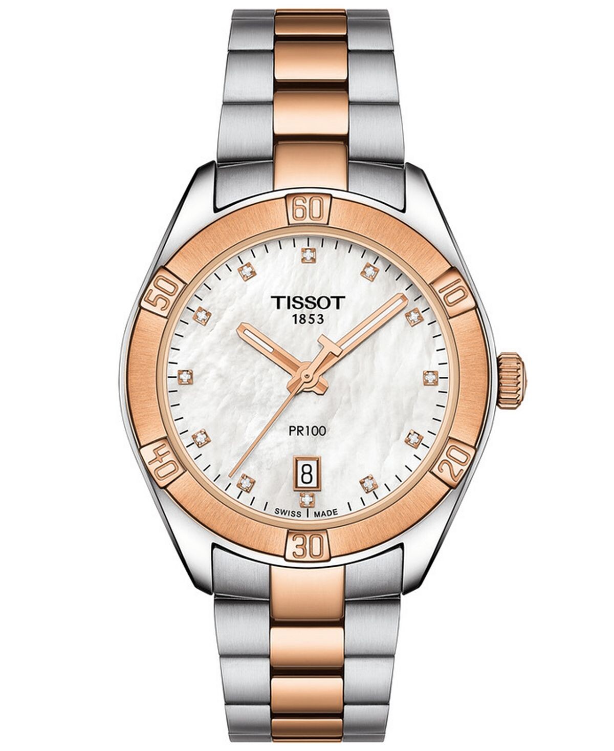 

Женские швейцарские часы PR 100 Sport Chic T-Classic с двухцветным браслетом из нержавеющей стали с бриллиантами, 36 мм Tissot
