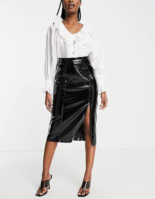 

Черная юбка миди из искусственной кожи с крокодилом Topshop