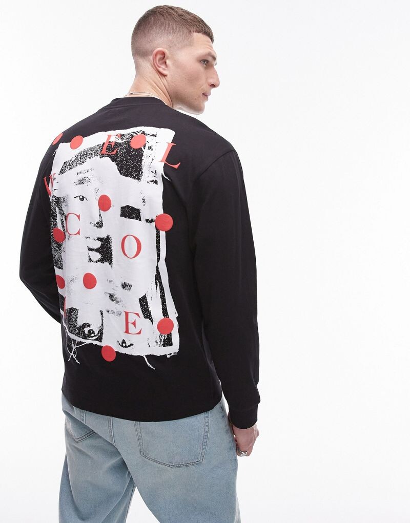 

Черная футболка оверсайз с длинными рукавами и принтом «Welcome Back» Topman спереди и сзади