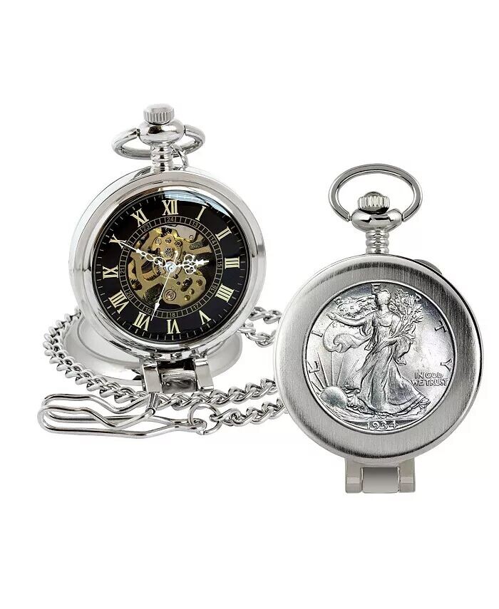 

16271 Серебряные карманные часы Walking Liberty с монетой в полдоллара, механизмом «скелетон», черный циферблат с золотыми римскими цифрами — увеличительное стекло American Coin Treasures, черный