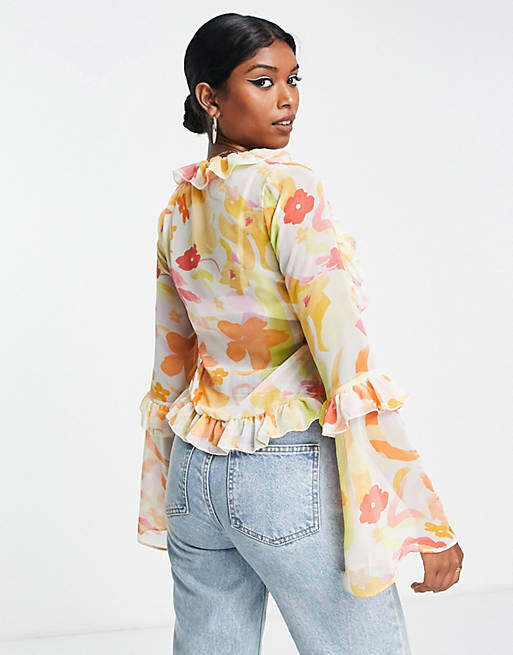 

Прозрачная блузка с принтом и оборкой спереди ASOS DESIGN