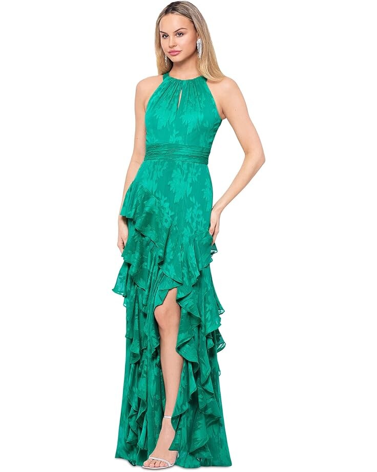 

Платье XSCAPE Long Chiffon Tiered Ruffle Dress, цвет Emerald