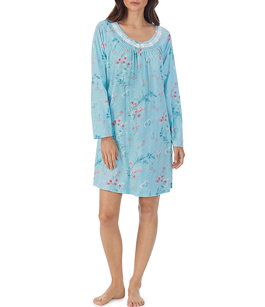 Carole Hochman Вязаная короткая ночная рубашка с длинными рукавами и круглым вырезом с цветочным принтом, синий