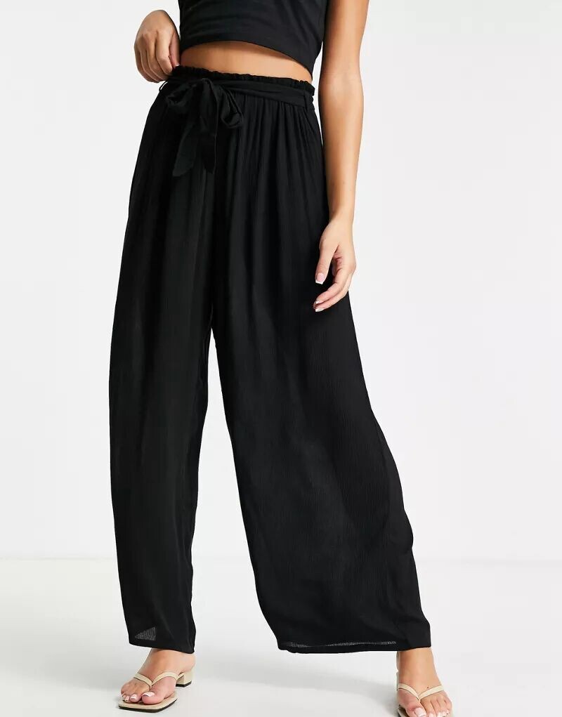 

Черные пляжные брюки-палаццо с завязкой на талии ASOS