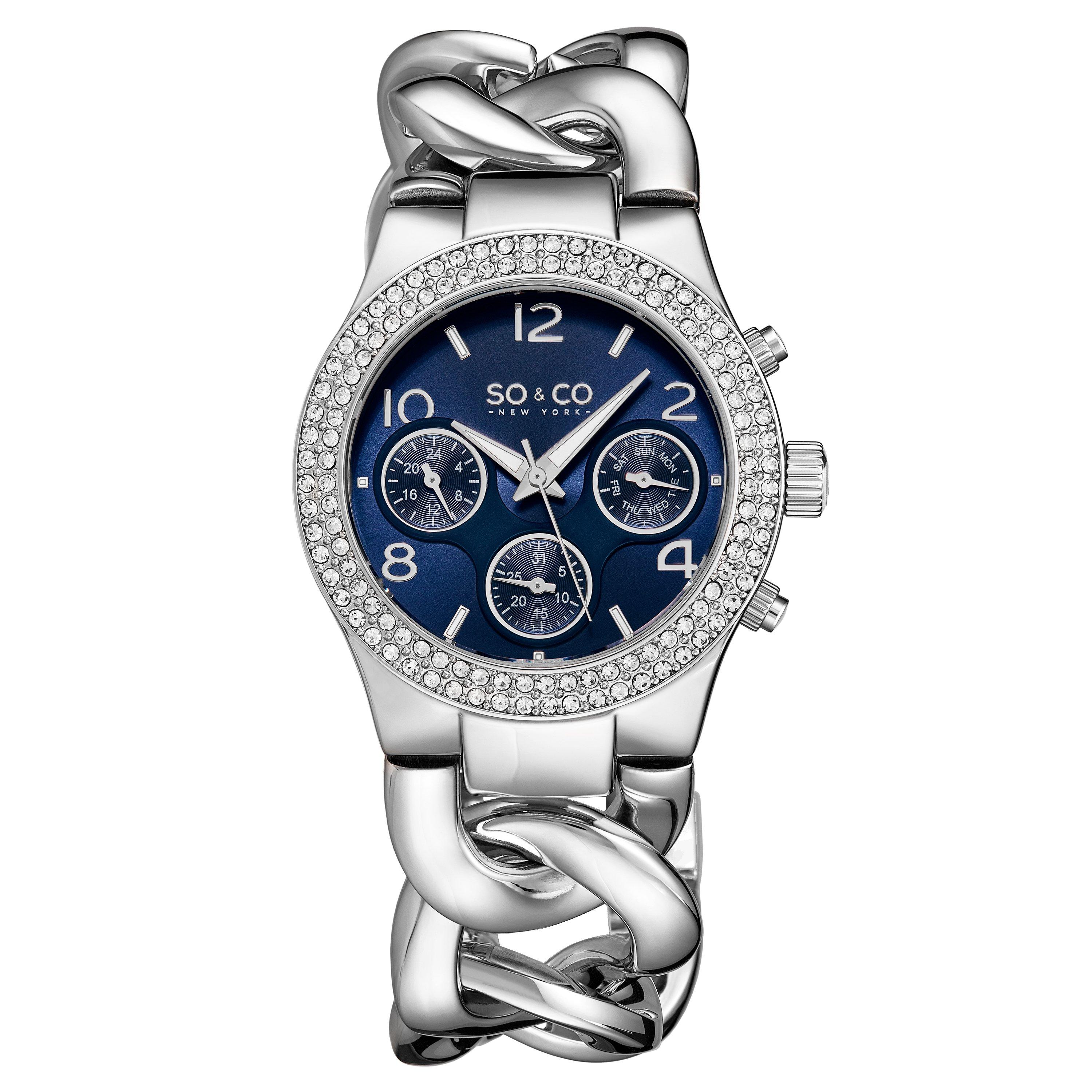 цена Часы Chelsea 5013A, 38 мм, с кристаллами и шипованной цепочкой, с матовым циферблатом SO&CO, синий