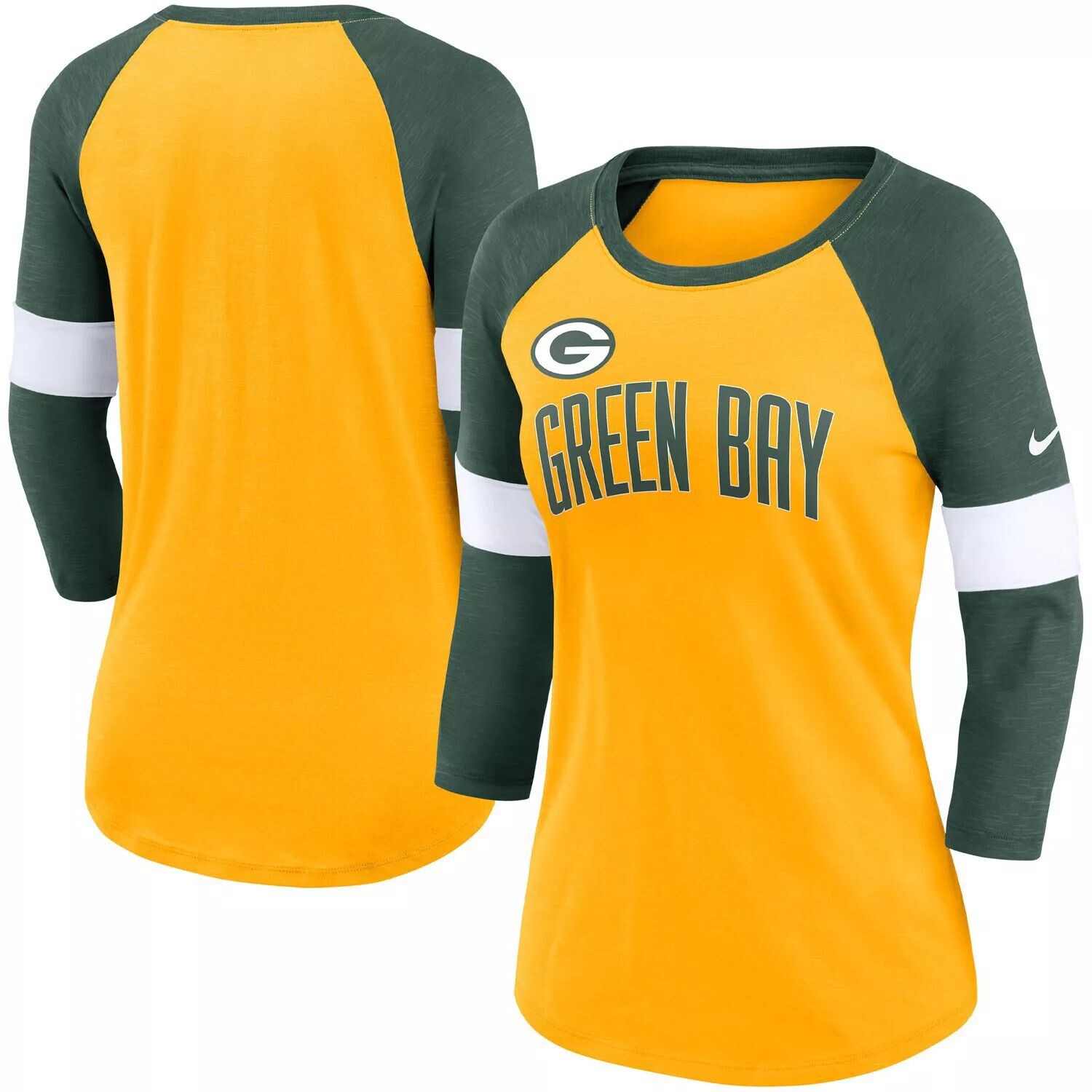 

Женская футболка Nike Green Bay Packers с золотистым оттенком/зеленым с принтом Football Pride Slub с рукавами реглан 3/4 Nike, Зеленый