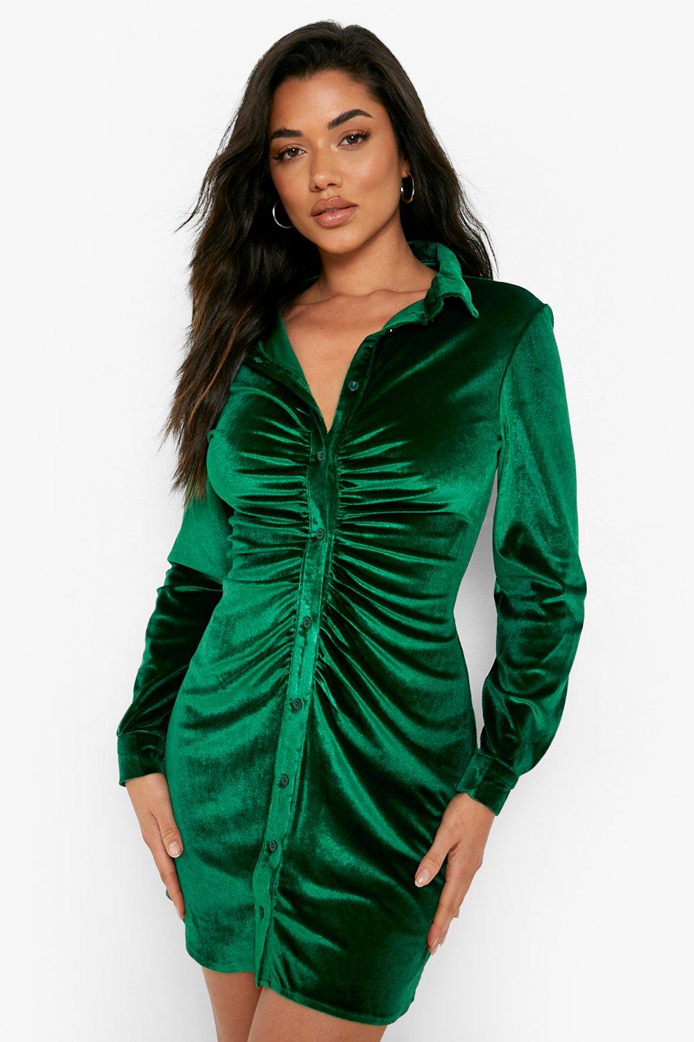 Вечернее платье-рубашка из бархата со сборками boohoo, зеленый