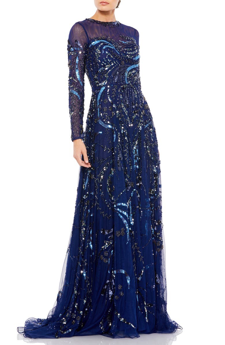 

Сетчатое платье с пайетками и длинными рукавами MAC DUGGAL
