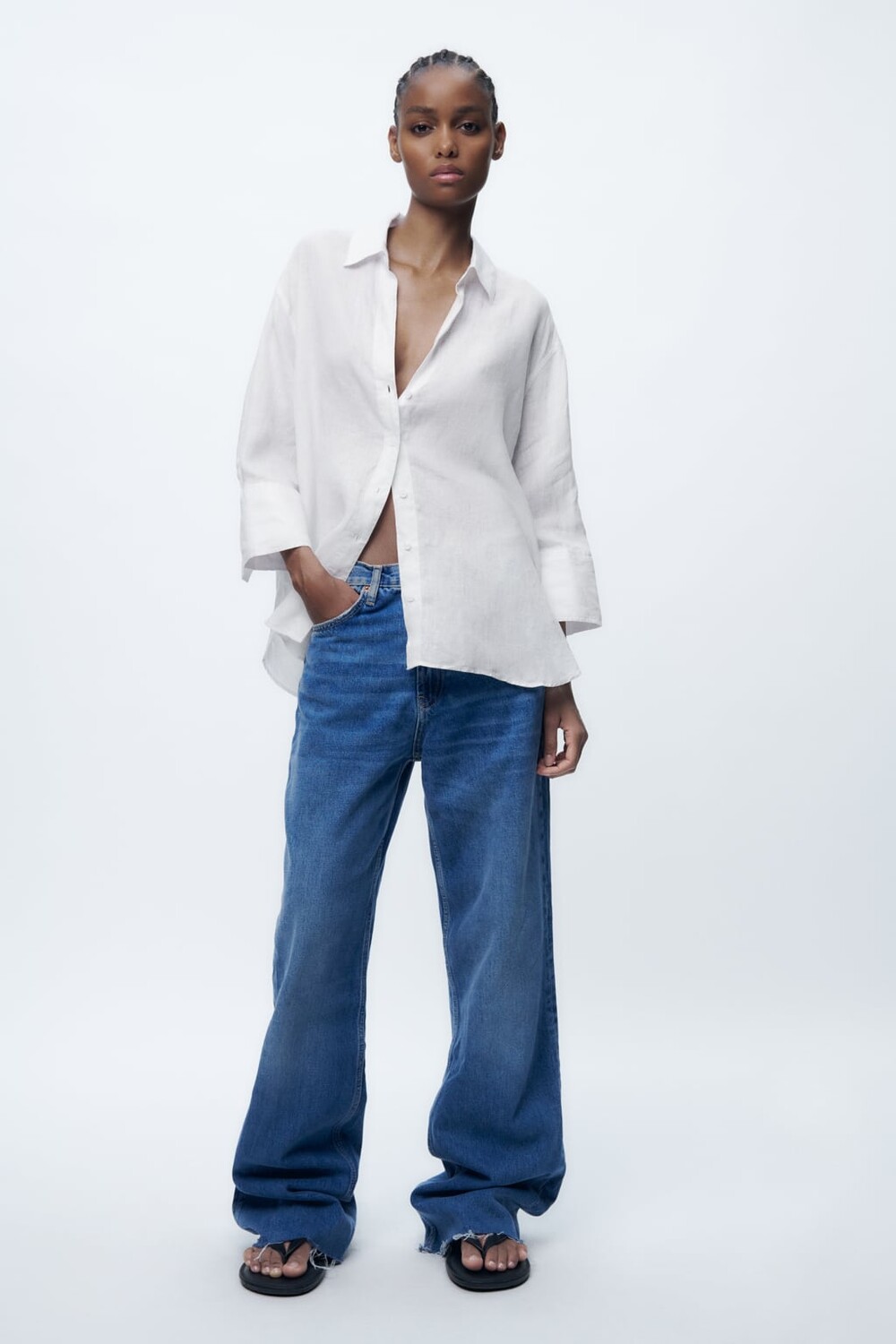 

Льняная рубашка с асимметричным полом ZARA, белый