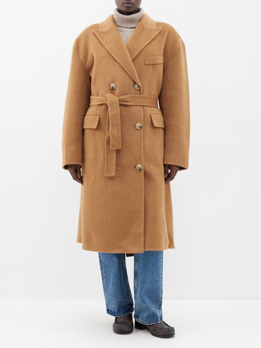 

Двубортное пальто onessa из смесовой шерсти с поясом Acne Studios, бежевый