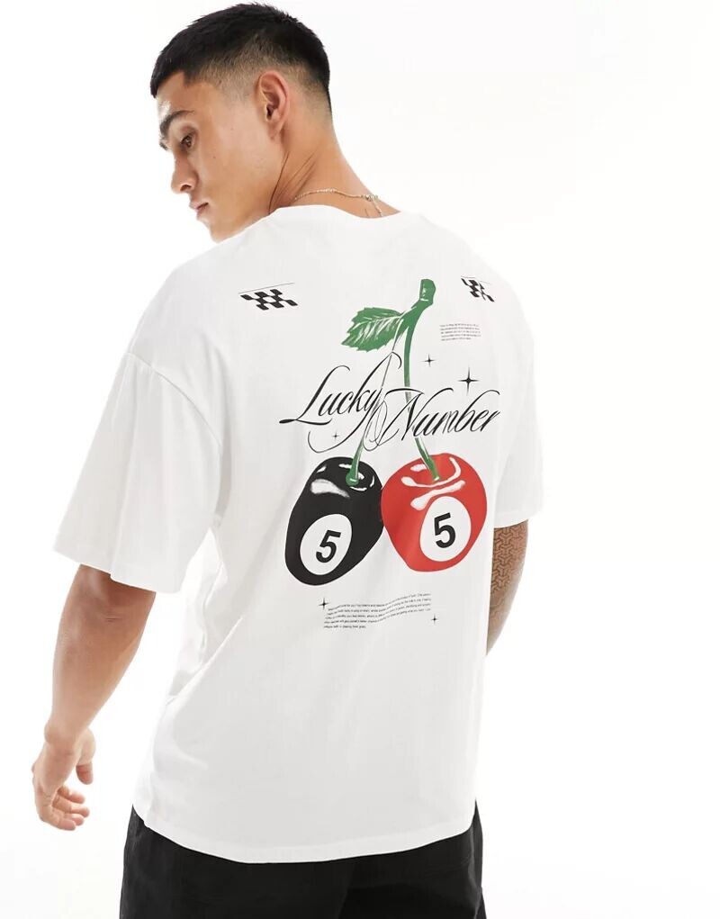 

Белая футболка оверсайз Jack & Jones с принтом «Счастливое число» на спине