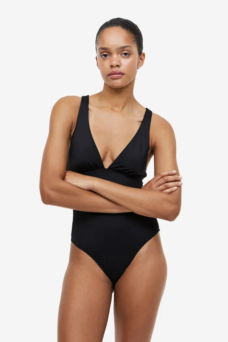 Цельный купальник с мягкими чашками H&M, черный женский цельный купальник стринги с вырезом на шее и открытой спиной многоцветный