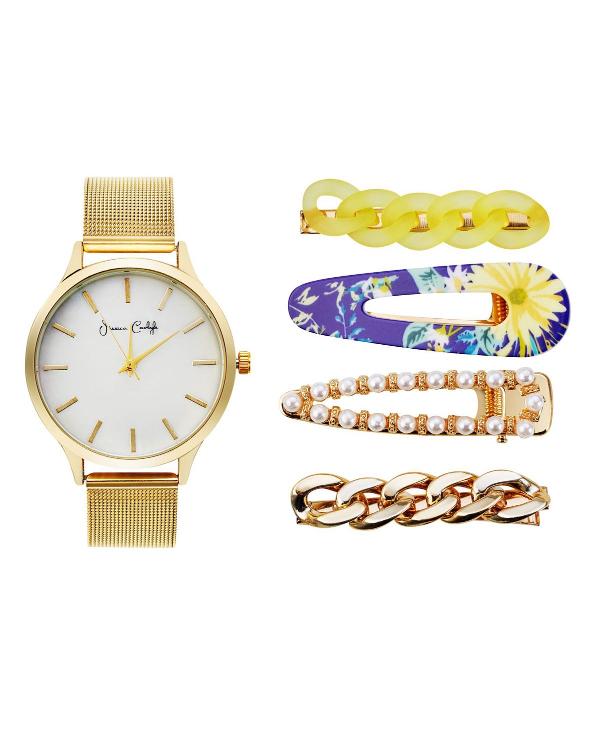 Женские аналоговые часы Jessica Carlye с кварцевым механизмом, золотистым сетчатым браслетом, 36 мм, с набором заколок для волос Jessica Carlyle