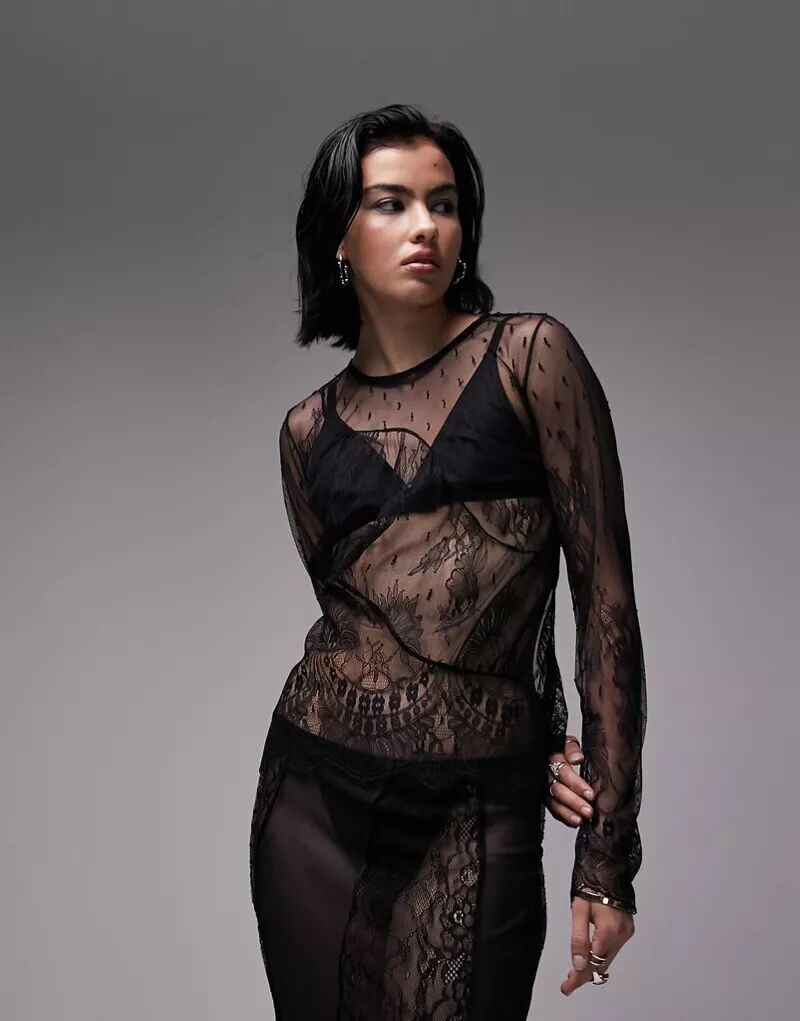 

Черный кружевной топ Topshop с длинными рукавами и отделкой ресницами