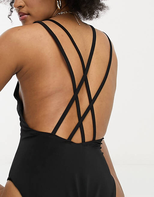 

Черный купальник с завышенной талией и сетчатыми бретелями ASOS DESIGN Tall