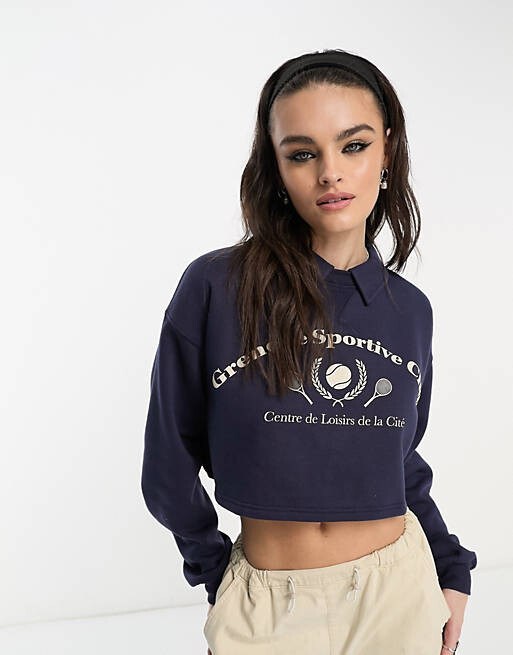 

Темно-синяя укороченная теннисная толстовка с воротником Bershka, Синий